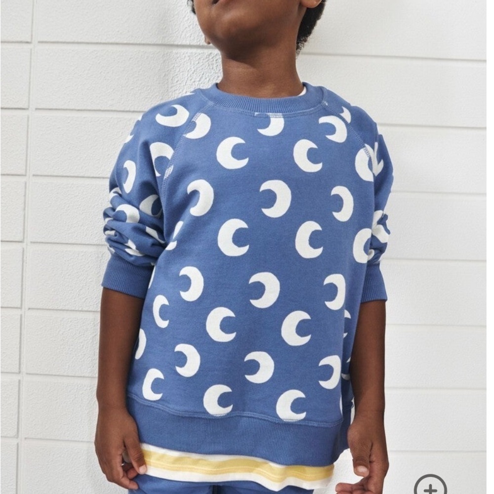 Blue French Terry Sweatshirt w/ White Crescent moon Pattern by Hanna anderson.